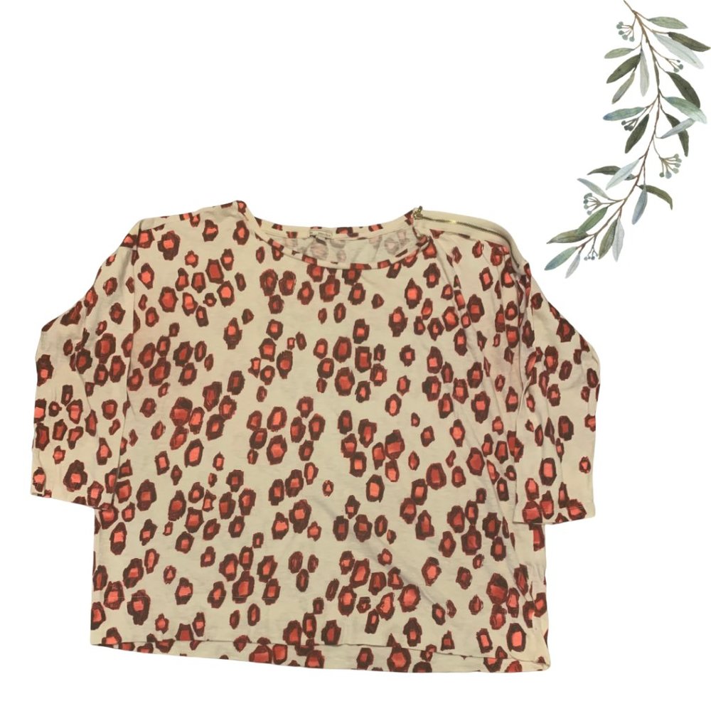 Gap Coral, Maroon, and Cream Spotted Print 3/4 Sleeve Tee Top Size XL